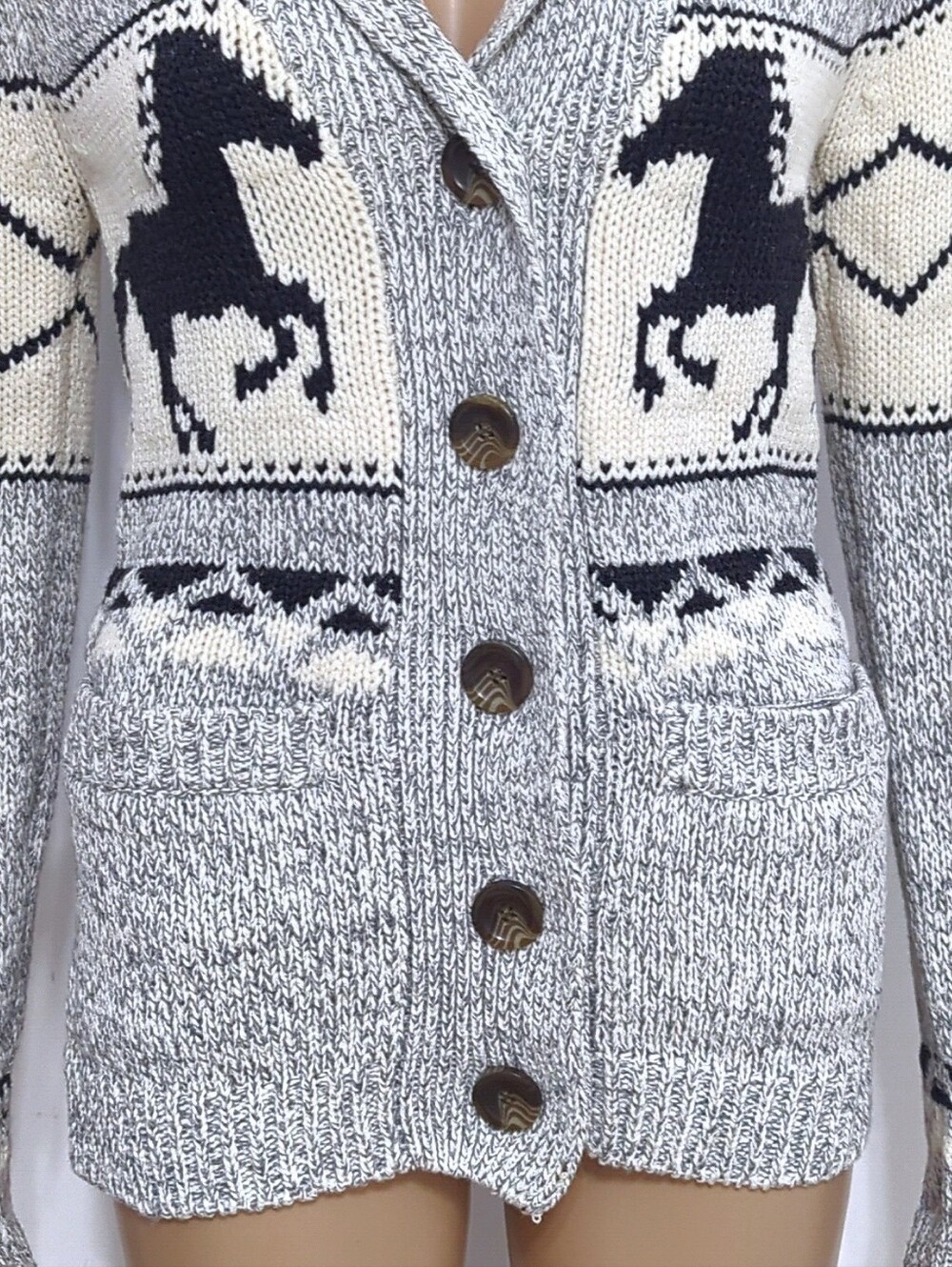 Cowichan Style Western Aztec Horse Knit Button Front Cardigan Shawl Collar XS - Picture 5 of 10